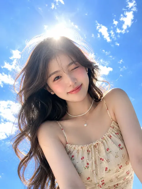 Ultra realistic low angle summer woman portrait