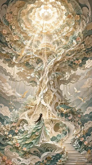 Modern oriental papercut world tree dreamscape