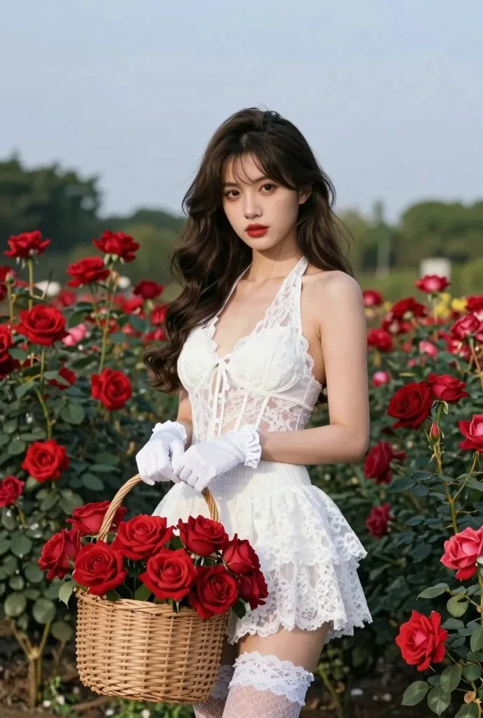 Red rose garden white lace portrait — Sonra