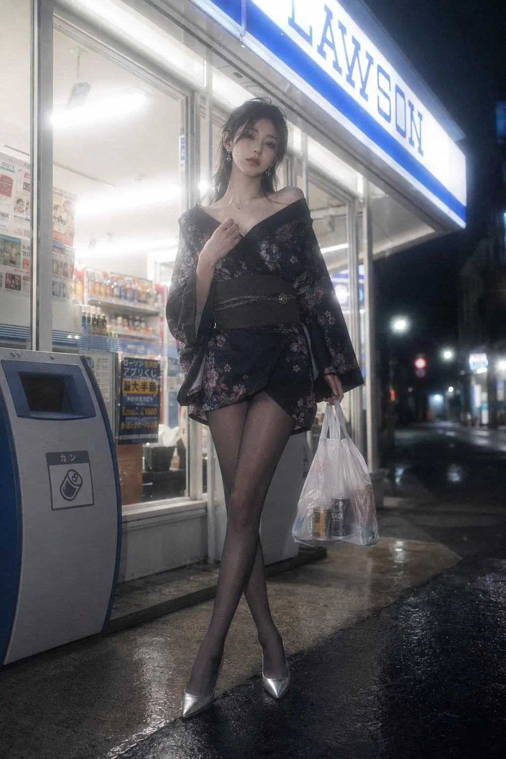Photorealistic japanese fashion convenience store night — After