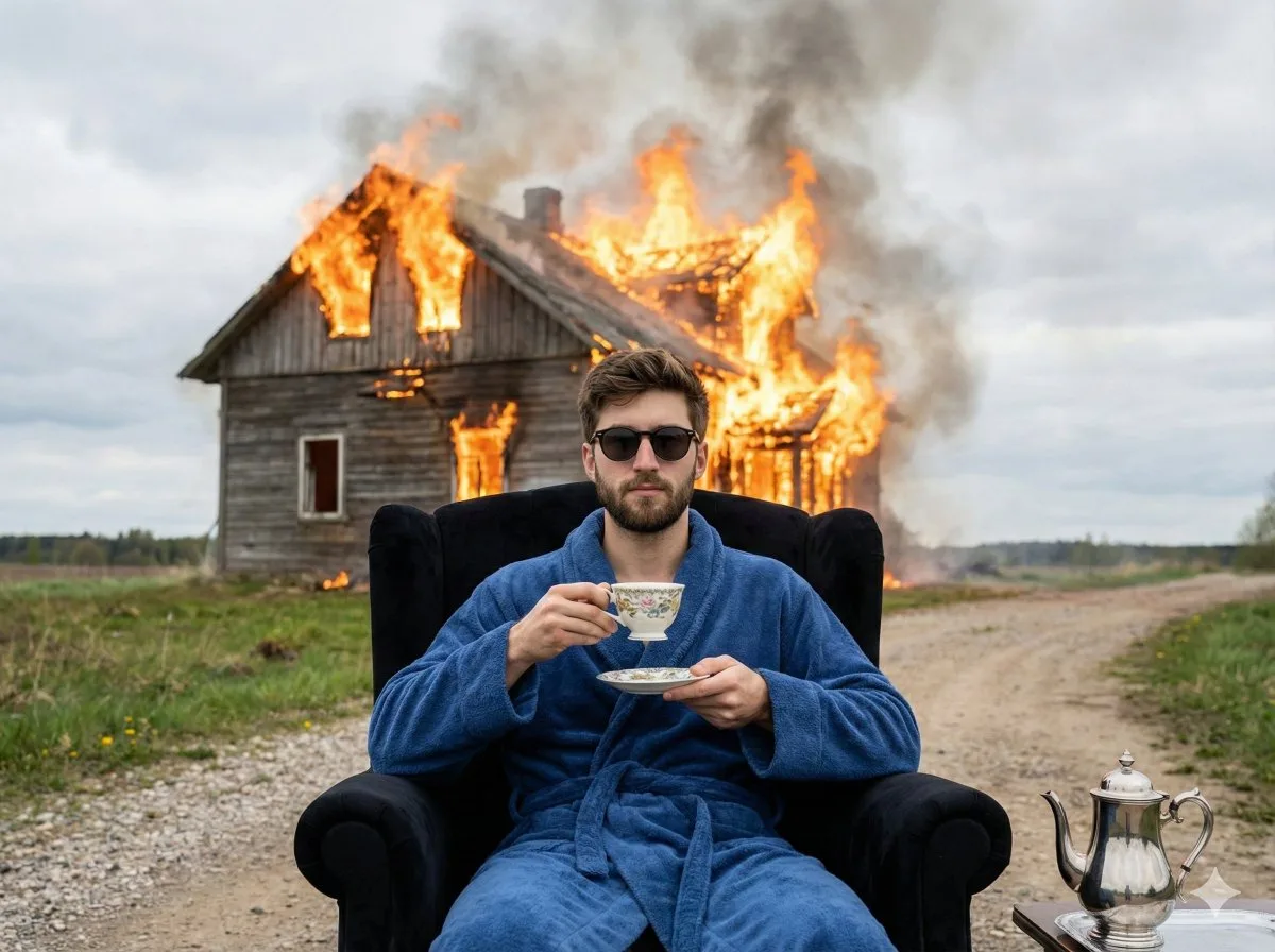 Gentleman tea break burning farmhouse — Sonra