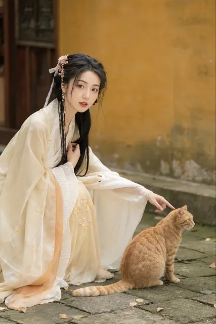 Ancient style hanfu woman and dog courtyard portrait