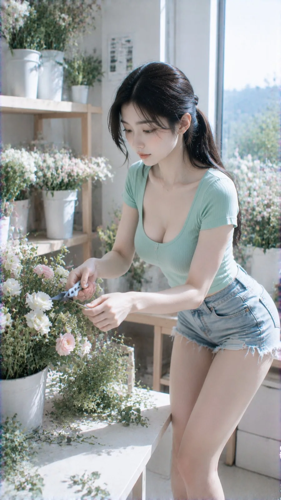 Cold white mint green ccd lifestyle floral portrait — After