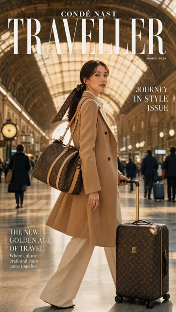 Ultra realistic luxury travel magazine cover korean woman louis vuitton