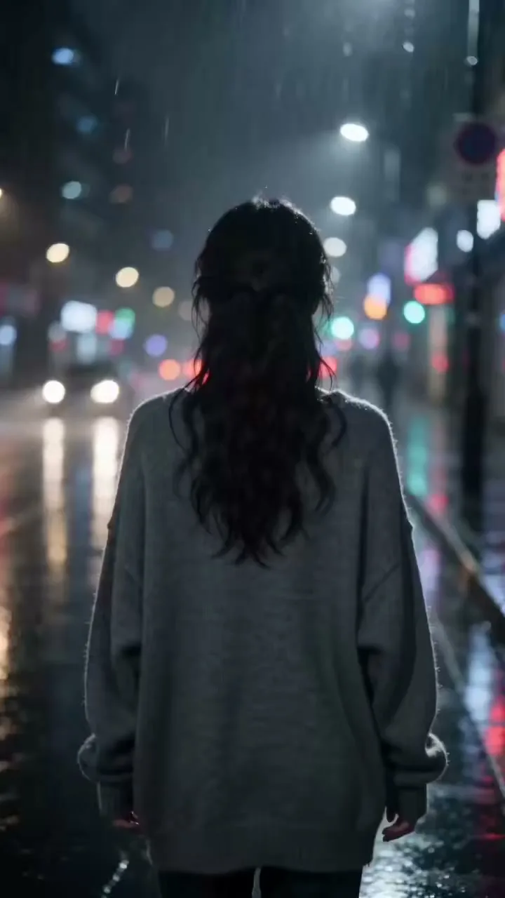 Rainy neon film girl lookback — Sonra