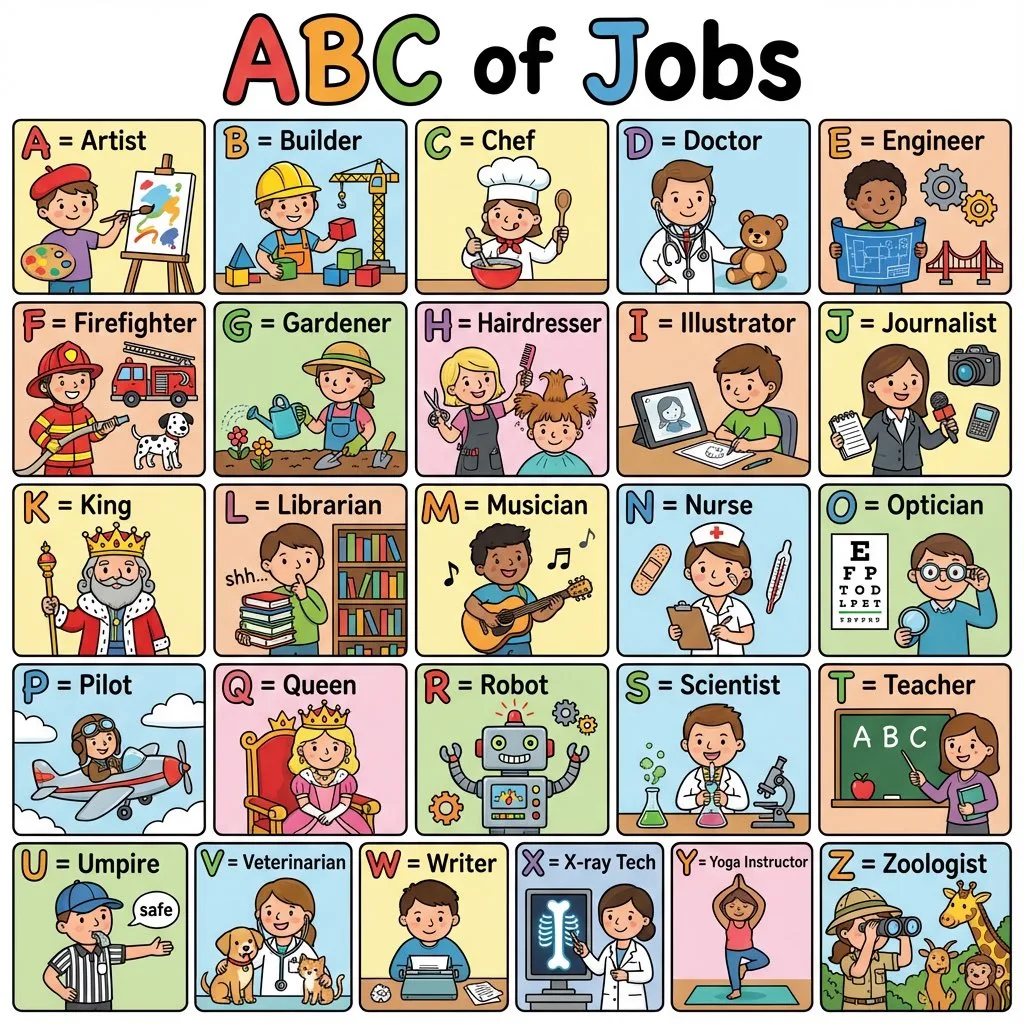 Colorful kids jobs alphabet poster — Sonra