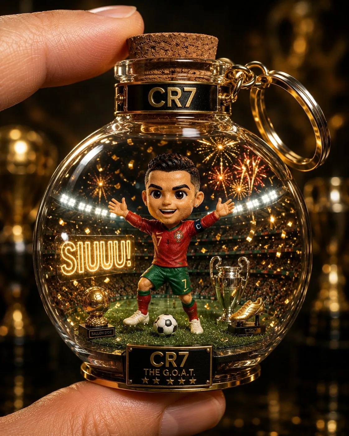 Luxury football player glass bottle keychain prompt — After