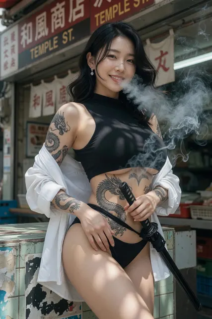 Photorealistic japanese korean woman temple street tattoos katana