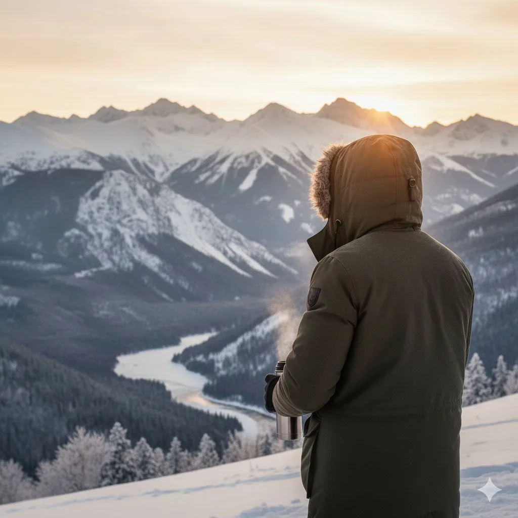 Contemplative traveler frozen valley — Sonra