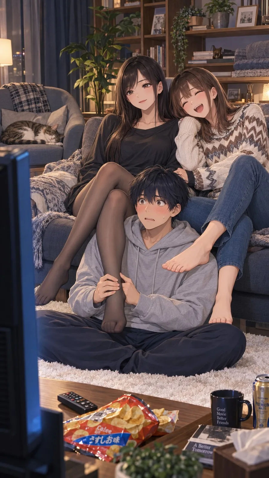 Warm modern living room three characters anime illustration — Sonra