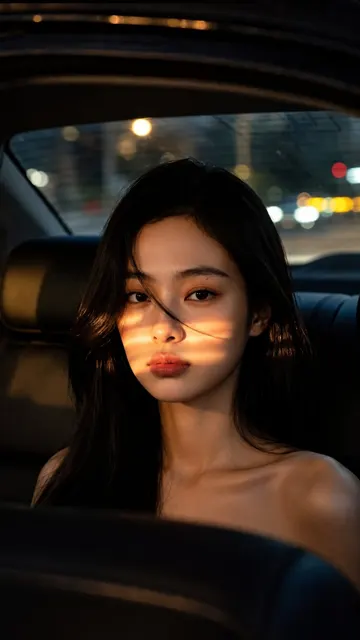 Cinematic east asian woman night car portrait