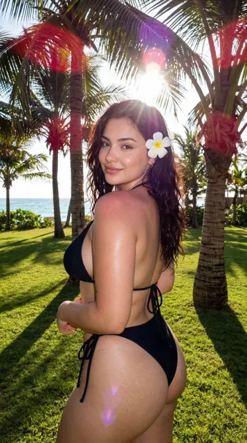 Tropical lawn backlit bikini girl