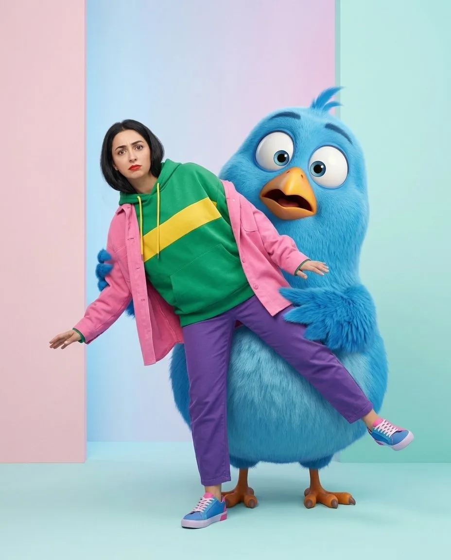 Stylish woman giant cartoon bird comedic fashion photo — After