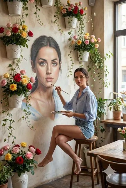 Cafe girl painting self portrait