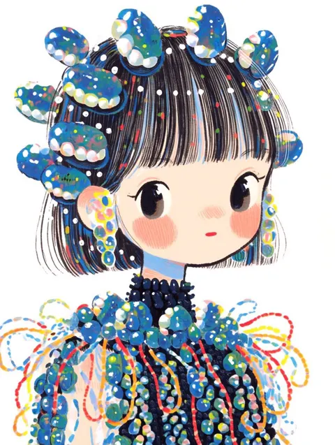 Whimsical blue pearl fashion illustration girl