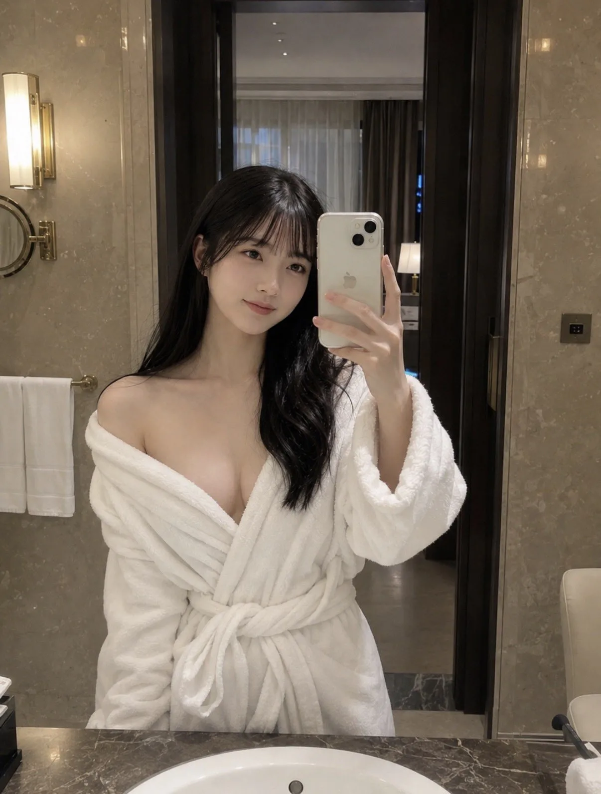 Luxury hotel mirror loose bathrobe selfie — After