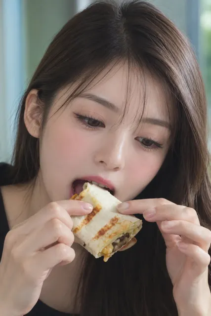 Young woman food enjoyment portrait closeup