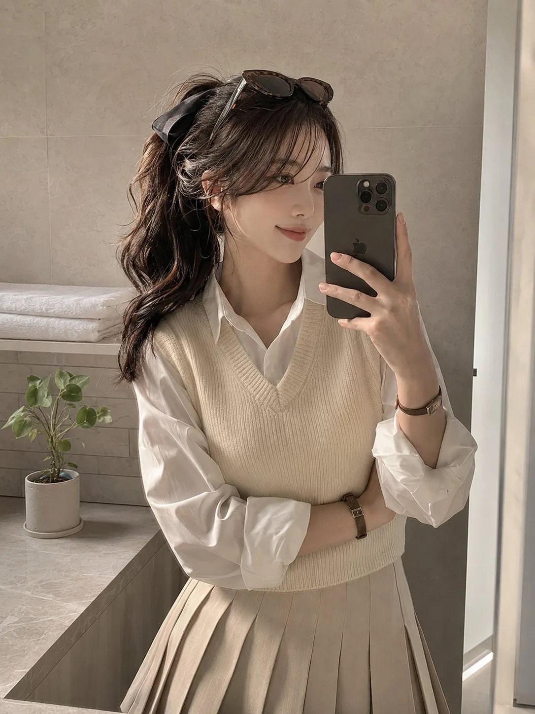 Soft lighting bathroom mirror selfie academia style — After