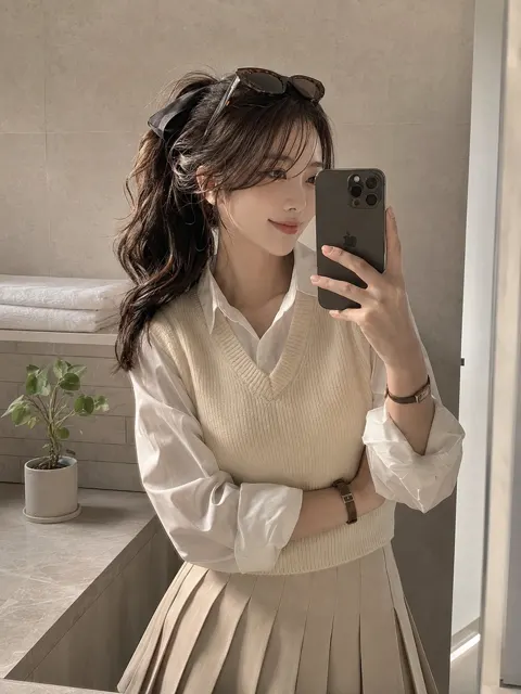 Soft lighting bathroom mirror selfie academia style