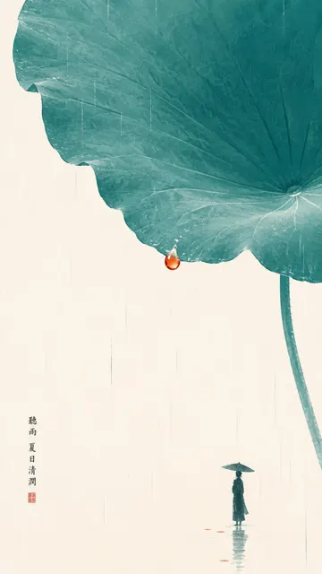 Oriental zen minimalist lotus leaf rain illustration