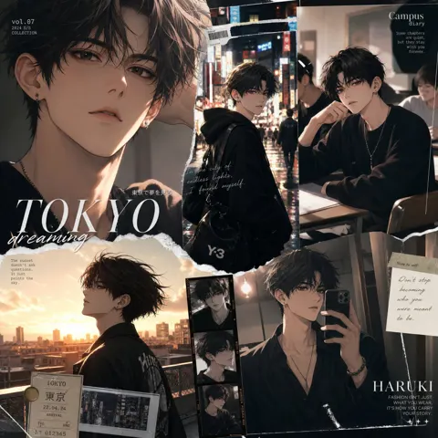 Hollywood luxury anime fashion editorial collage