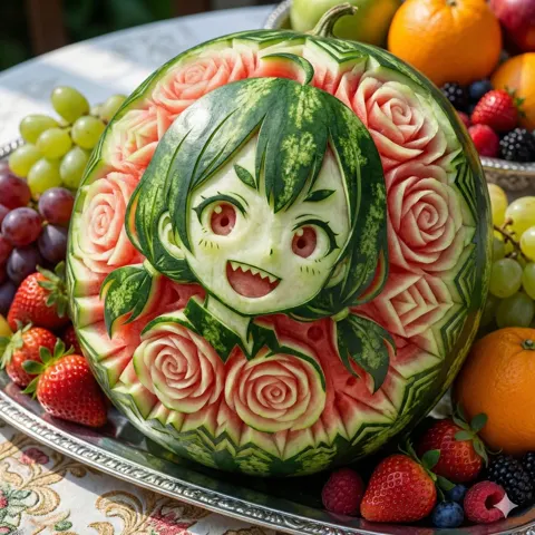 Thai watermelon carving anime girl