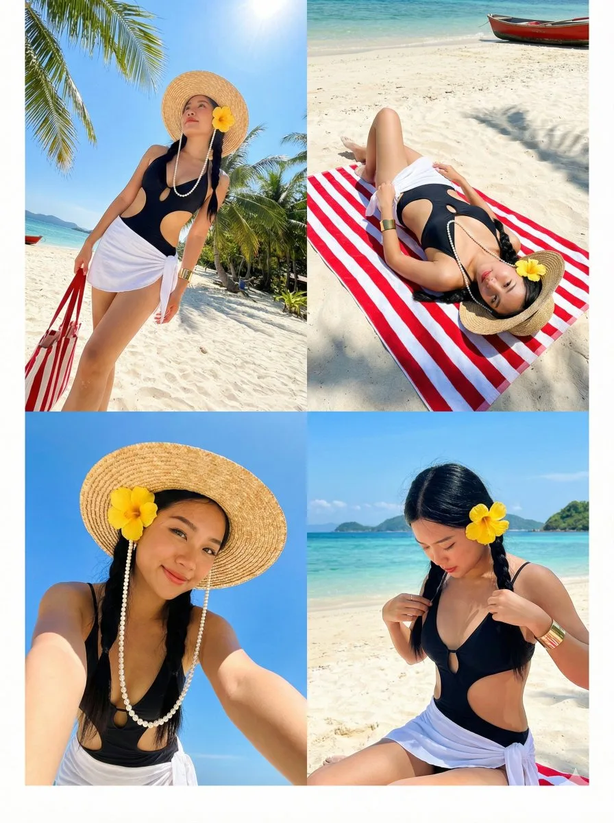Sunny island vacation girl photo grid — Sonra