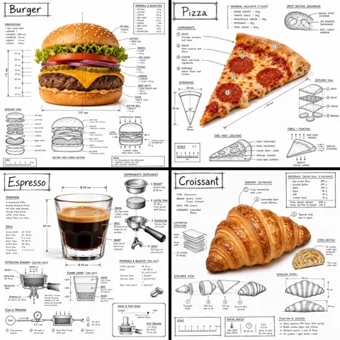 Technical annotation infographic of food