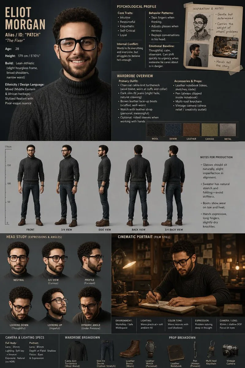 Cinematic character design pitch board — Sonra