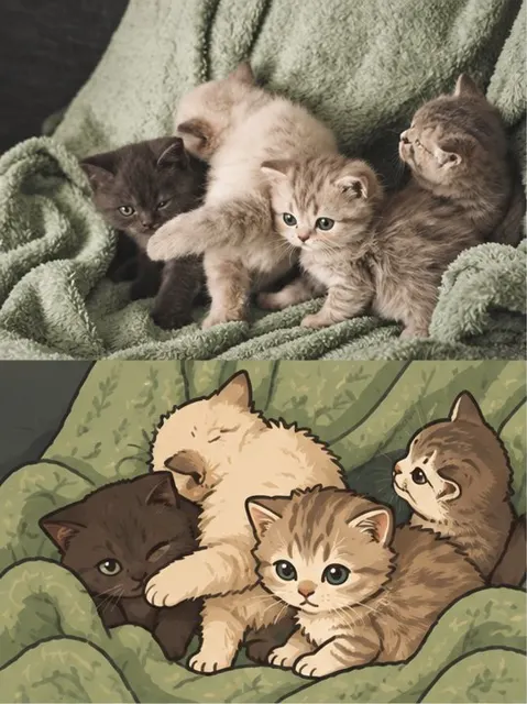 Photo to cartoon character comparison poster