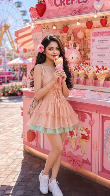 Asian woman crepe stand amusement park portrait