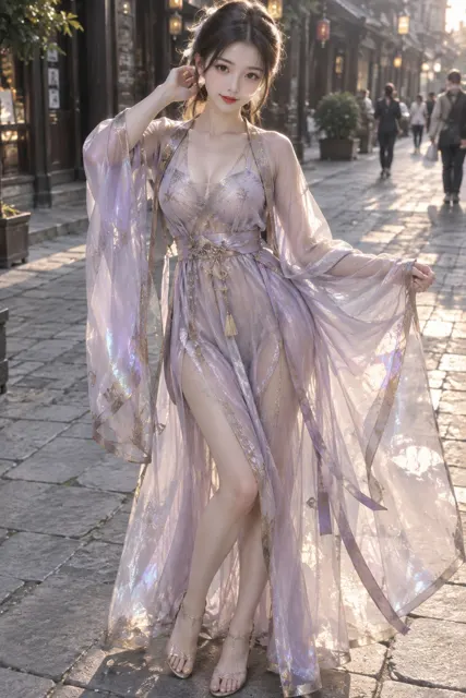 Chinese cute beauty pink silk robe street photography