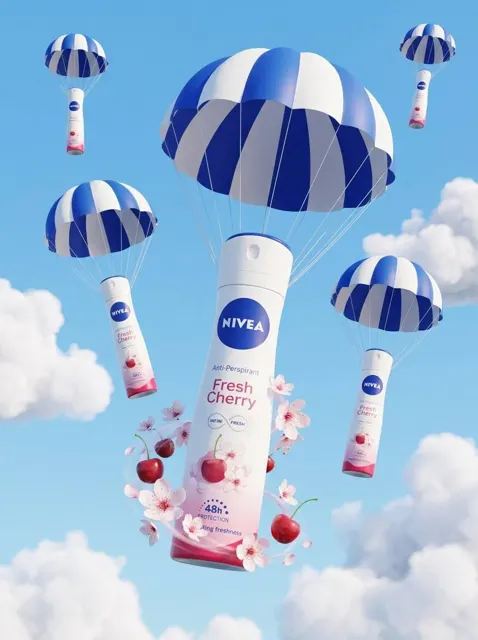 Floating product parachutes 3d render creative ad