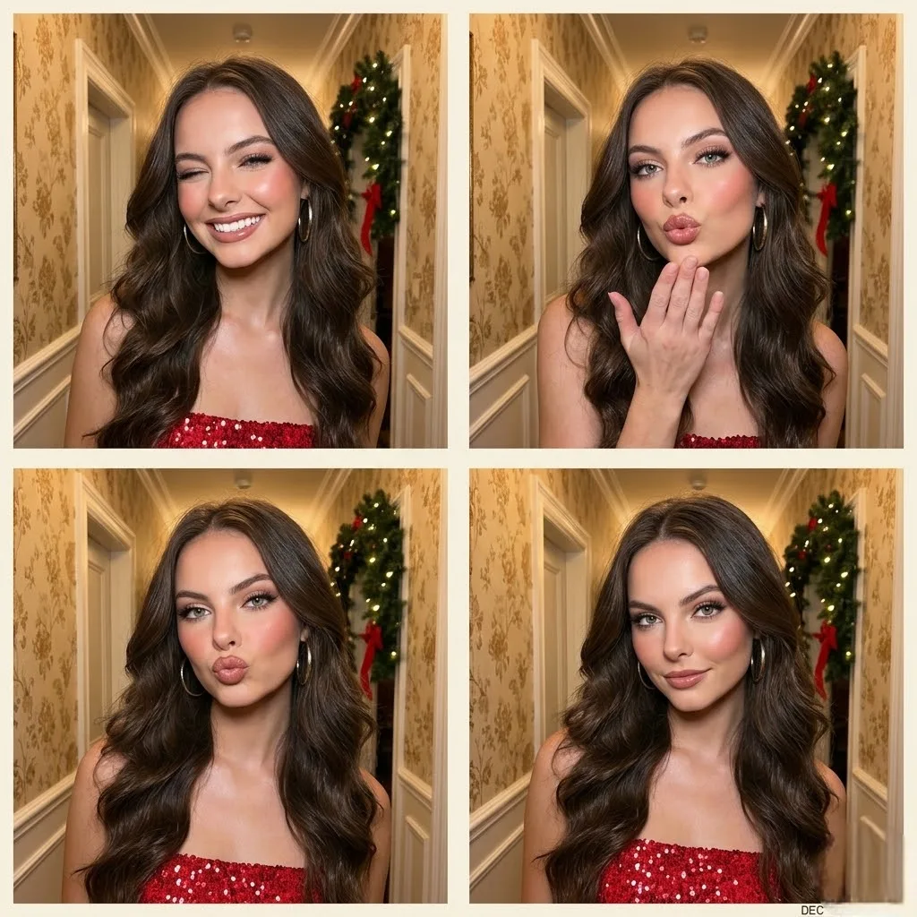 Blow a Kiss & Wink: Fun 2x2 Grid Selfie with Christmas Decor — Sonra