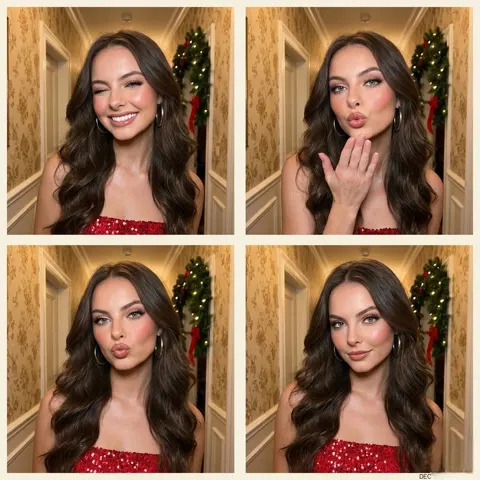Blow a Kiss & Wink: Fun 2x2 Grid Selfie with Christmas Decor