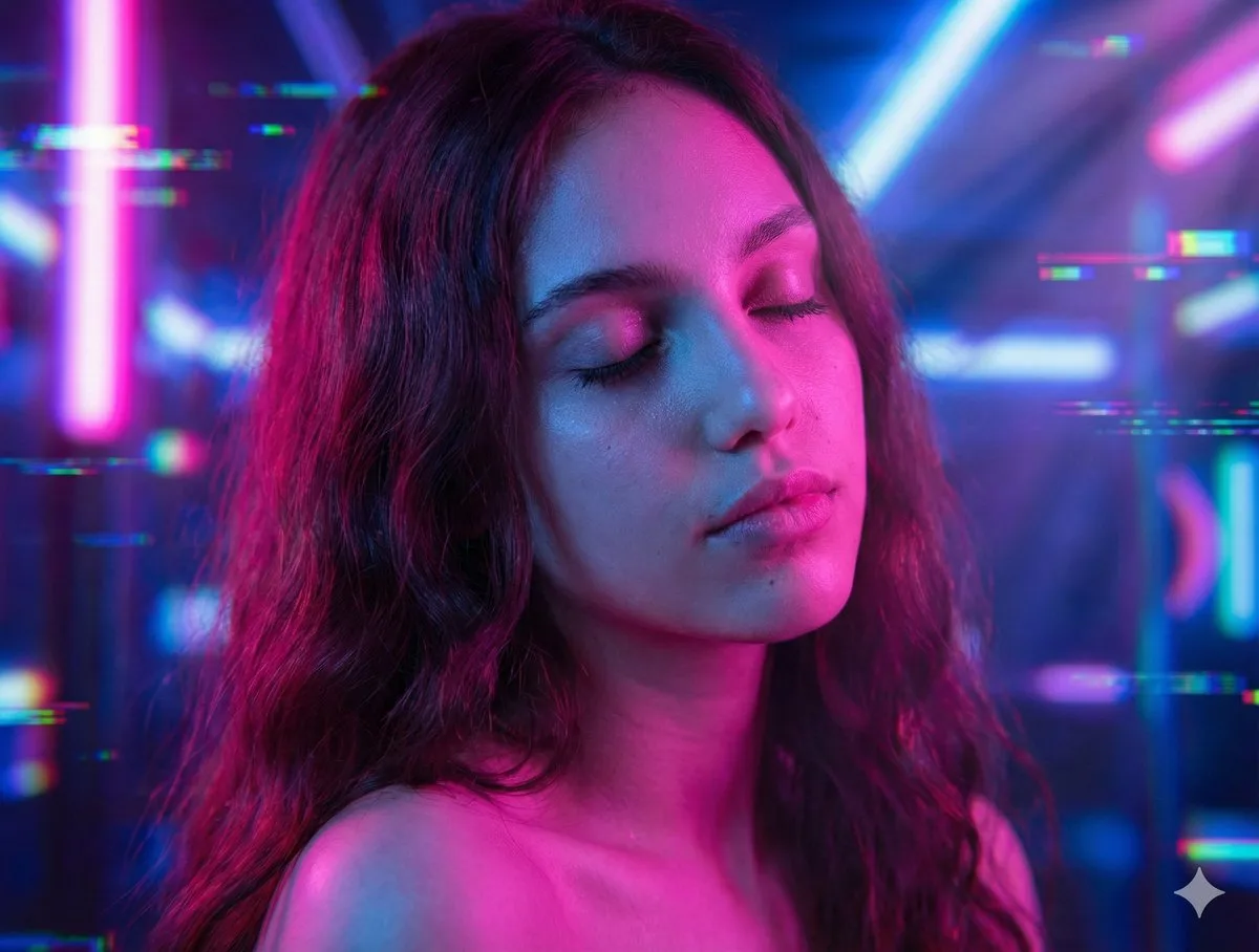 Dreamy neon cyberpunk redhead — Sonra