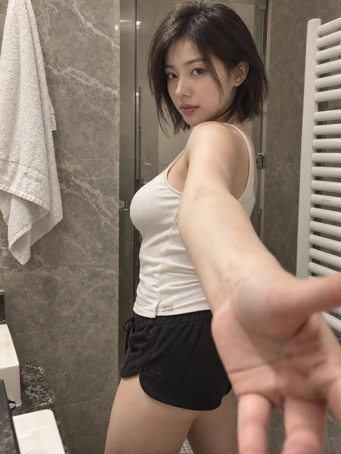 Realistic east asian woman bathroom portrait — Sonra