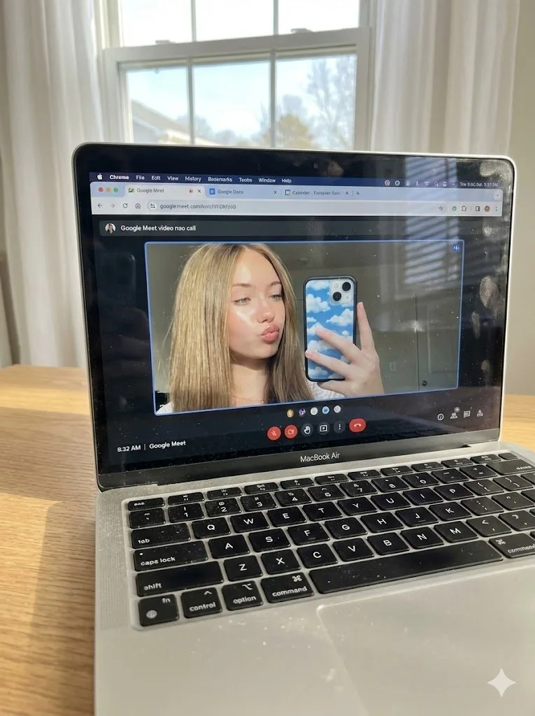 Sunlit desk macbook video call — After