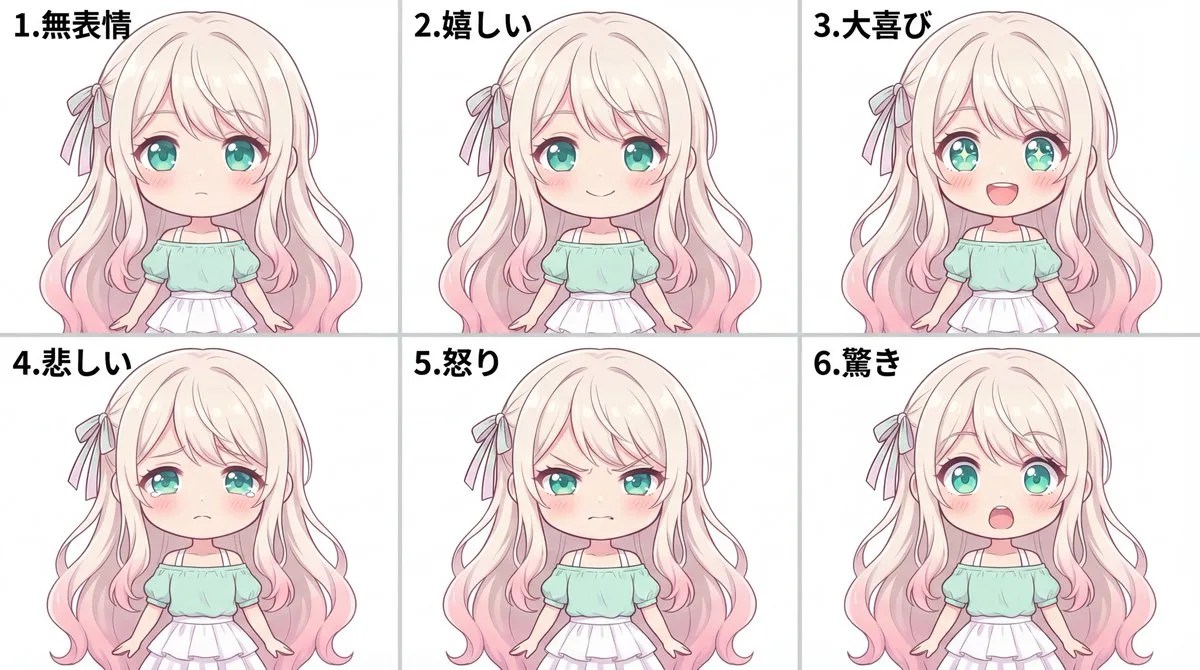 Anime character emotion grid — Sonra