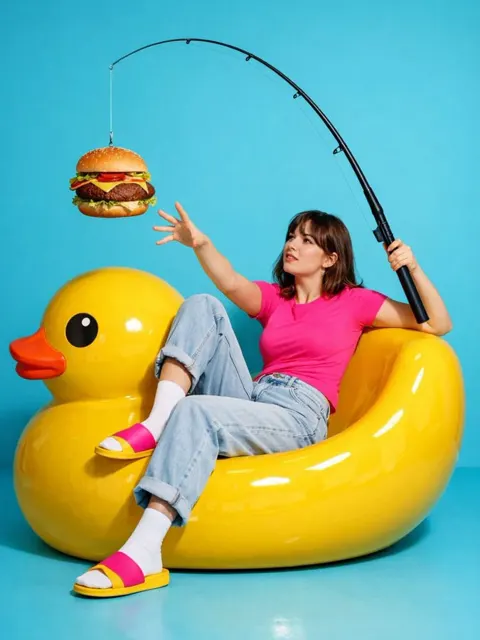 Playful girl fishing burger