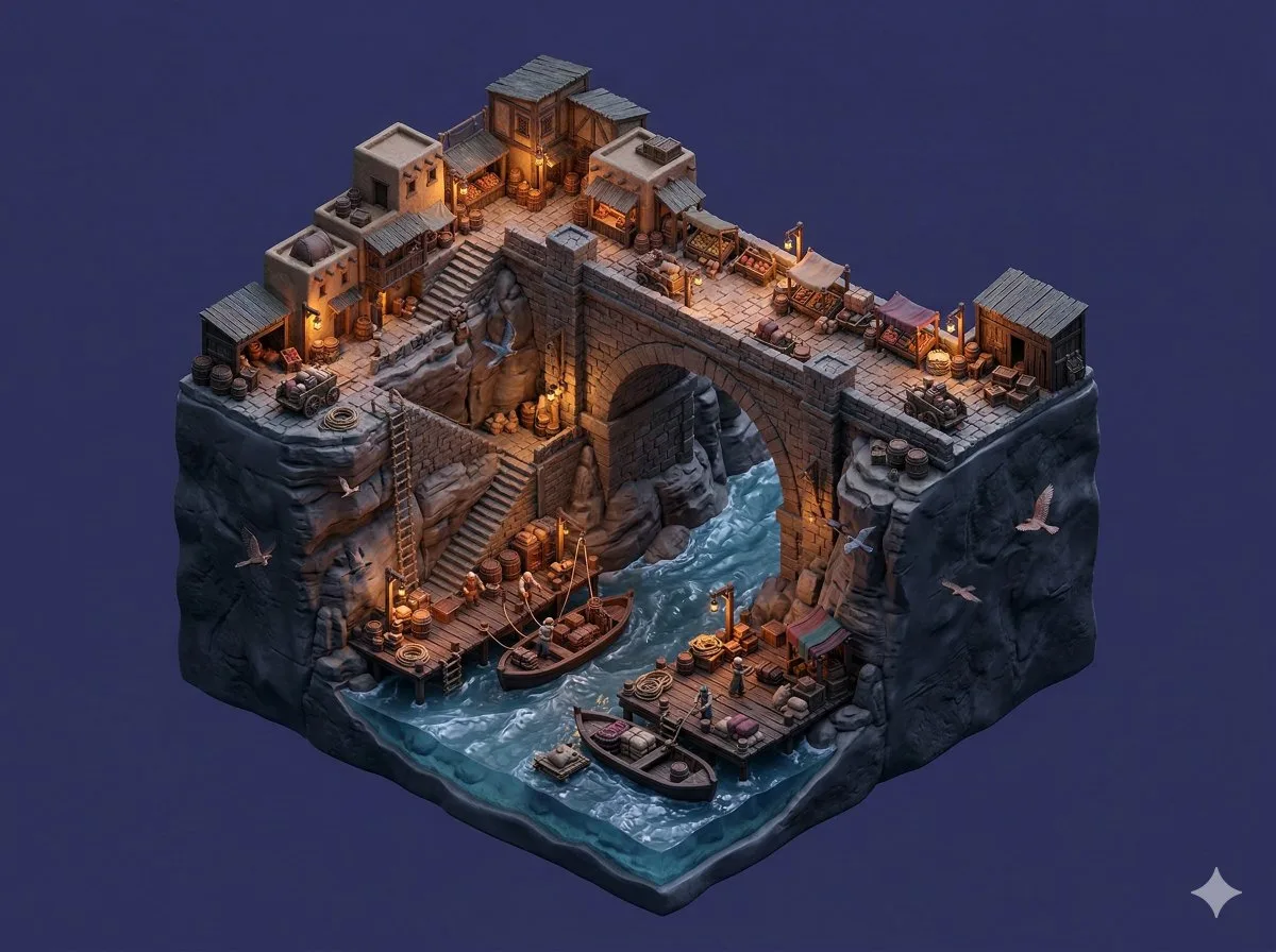 Floating canyon bridge diorama — Sonra