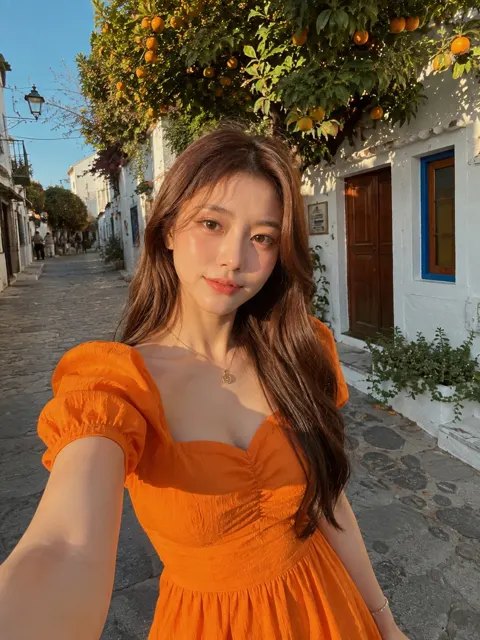Photorealistic mediterranean village golden hour selfie