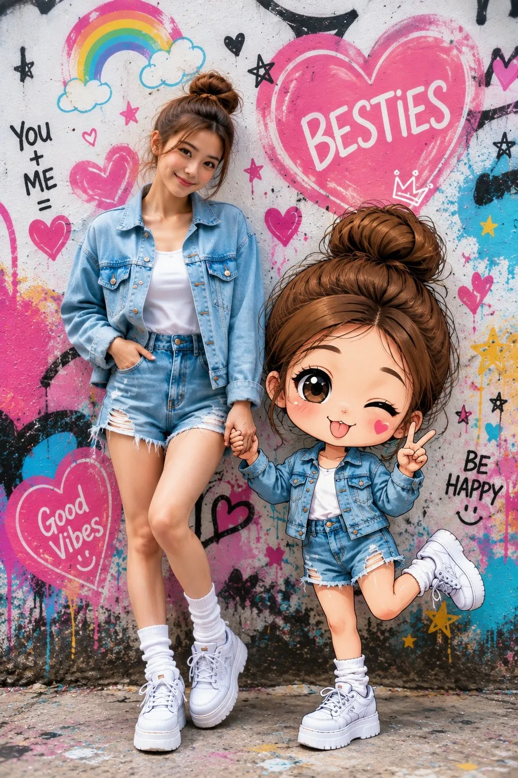 Realistic woman and chibi cartoon street style — After