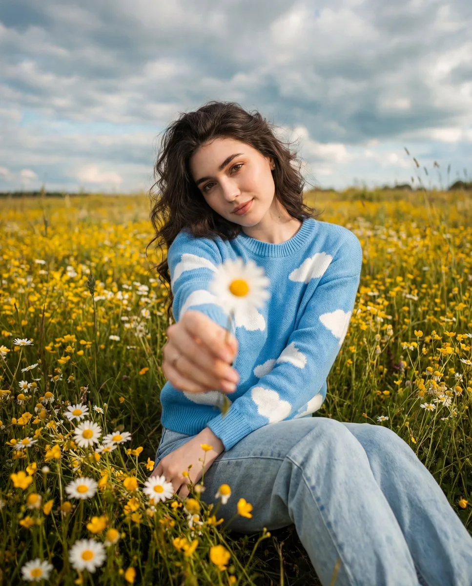 Cinematic retro girl daisies — After