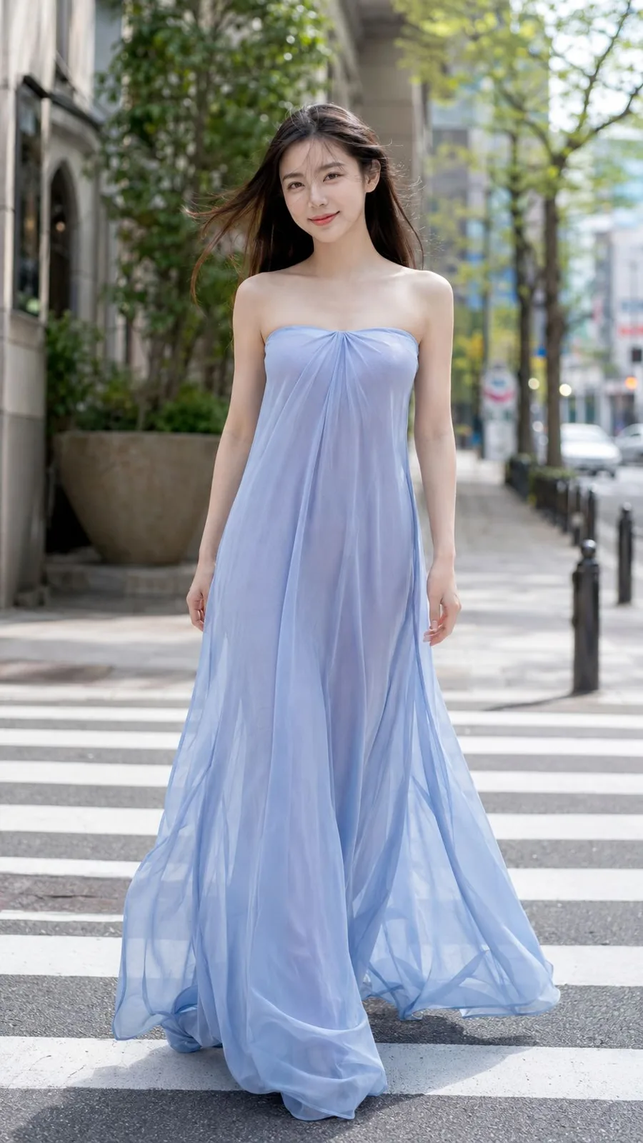 Green chiffon strapless flowing floor length dress — Sonra
