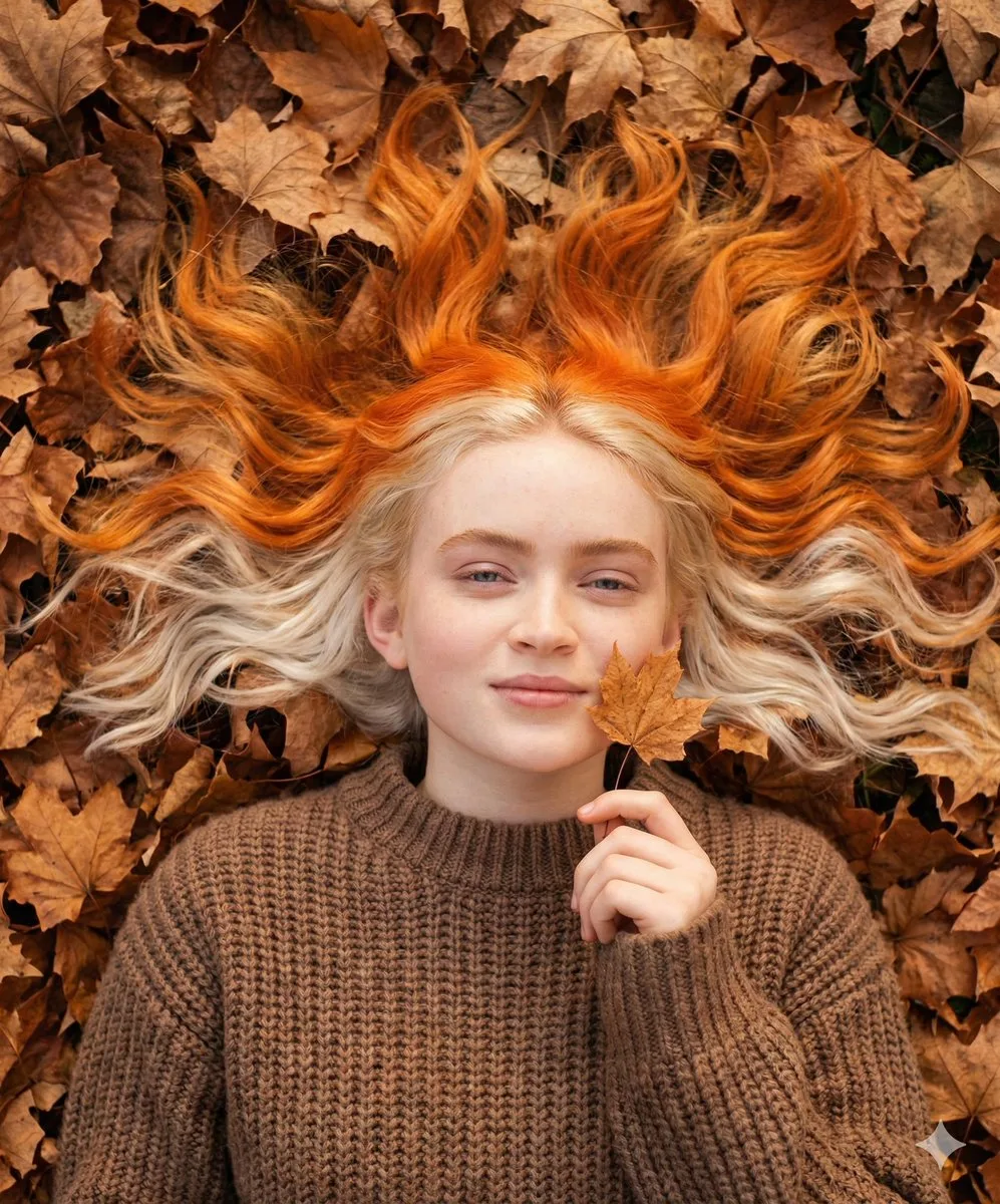 Top view pumpkin hair autumn girl — After