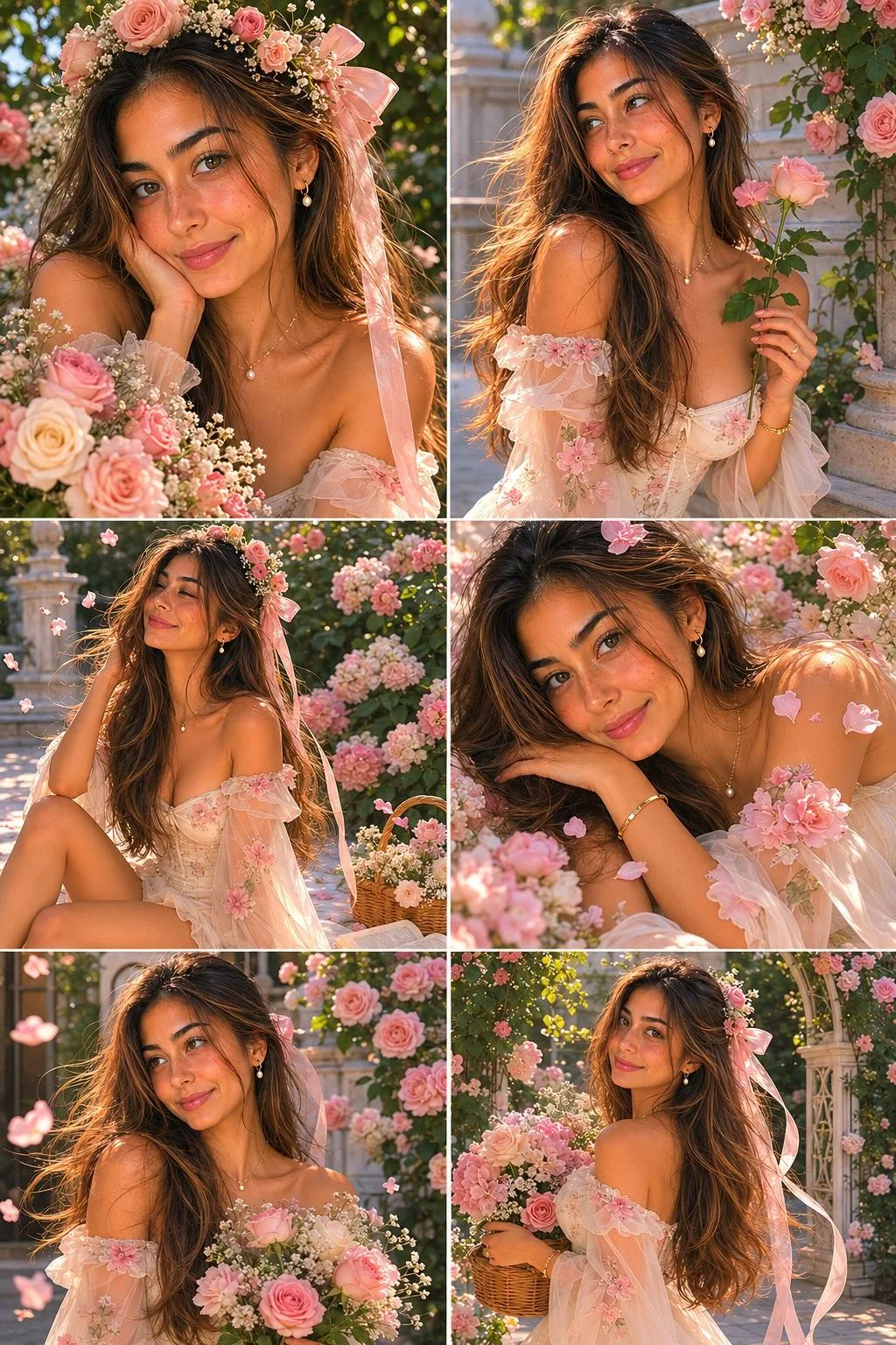 Ultra realistic dreamy fairytale garden photoshoot collage — After