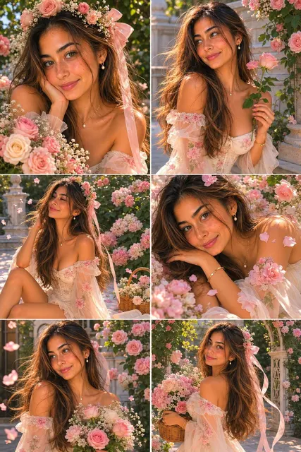 Ultra realistic dreamy fairytale garden photoshoot collage