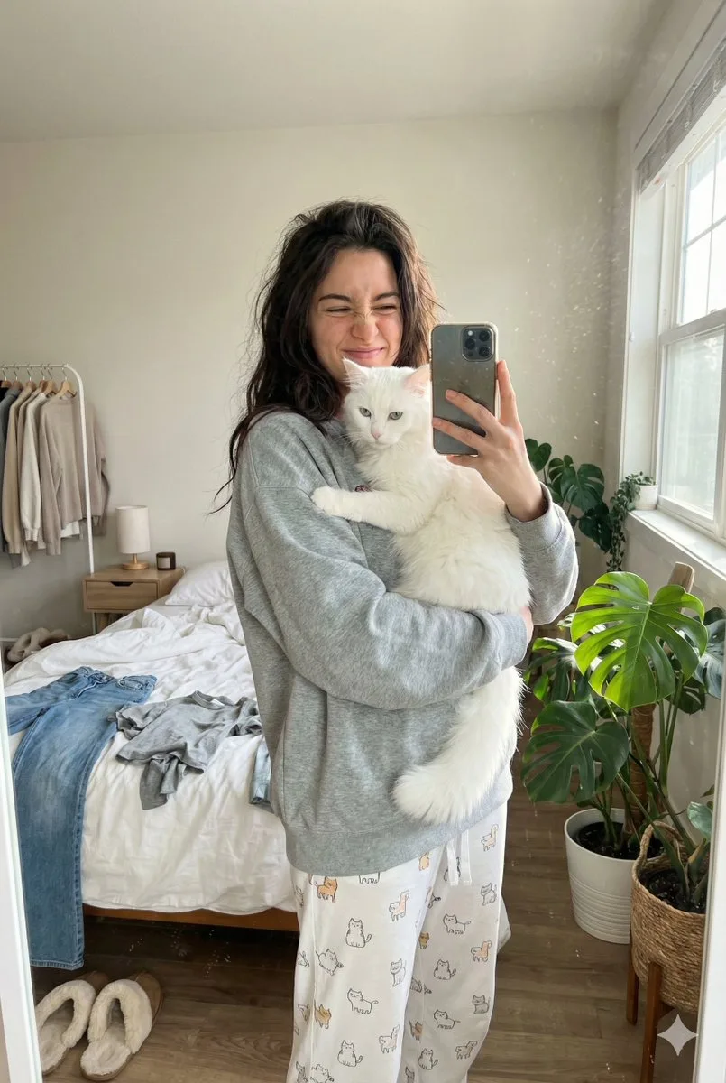 Morning sunlight playful girl cat selfie — After