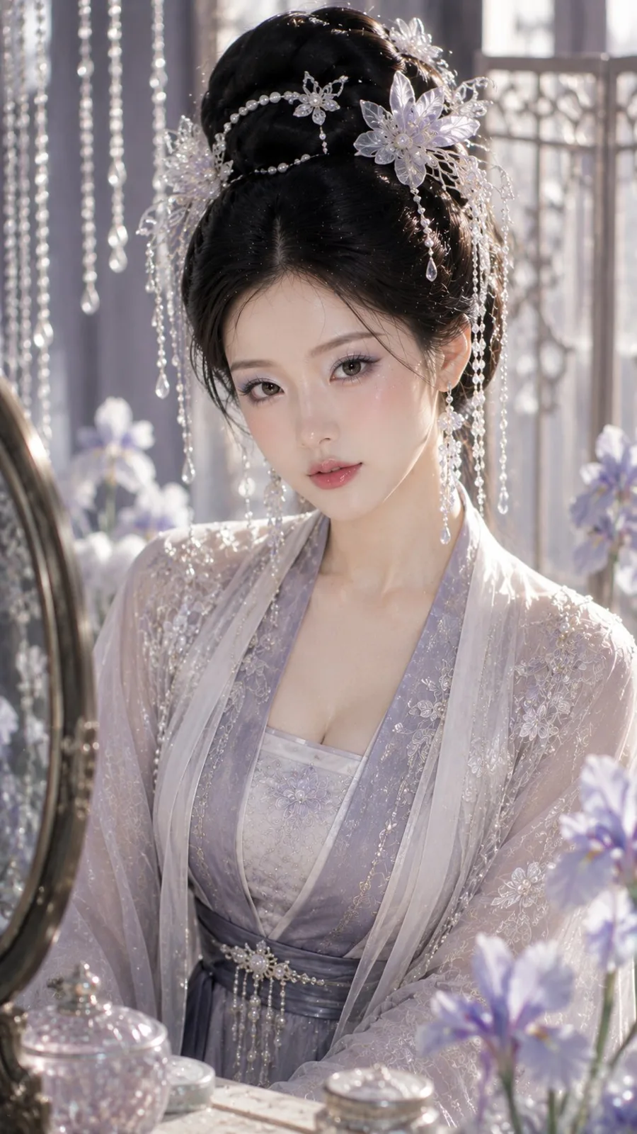 Oriental classical noblewoman iris mist silver pearl makeup portrait — Sonra